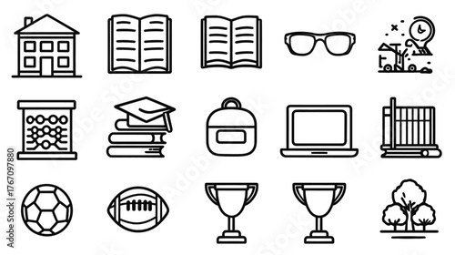 Outline education icons house, books, glasses, laptop, sports, trophy, abacus, trees, school