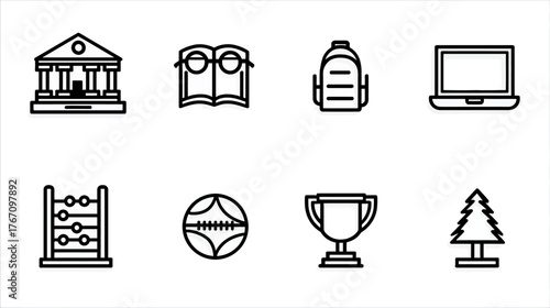 Simple icons of education, sports, and nature; black outline on white