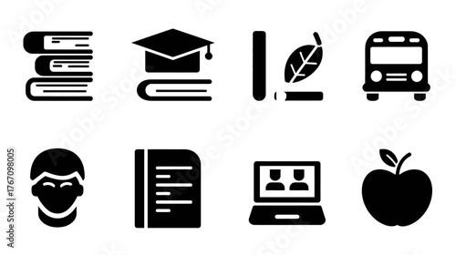 Collection of eight black and white education-themed icons