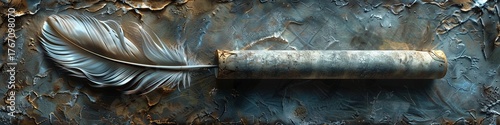 A bronze quill pen lies on an aged, textured metal surface with a scroll beside it