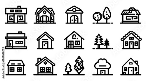 Collection of simple line art icons representing houses and trees