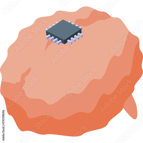 Abstract digital brain illustration with integrated microchip technology on peach colored background with transparent background isolated graphic design