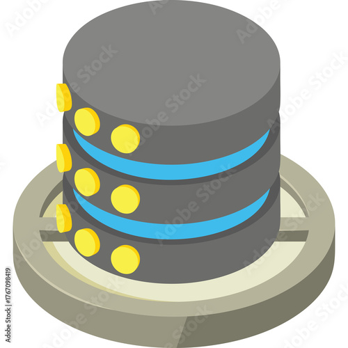 Abstract Digital Database Server Icon with Blue and Yellow Accents on Transparent Background