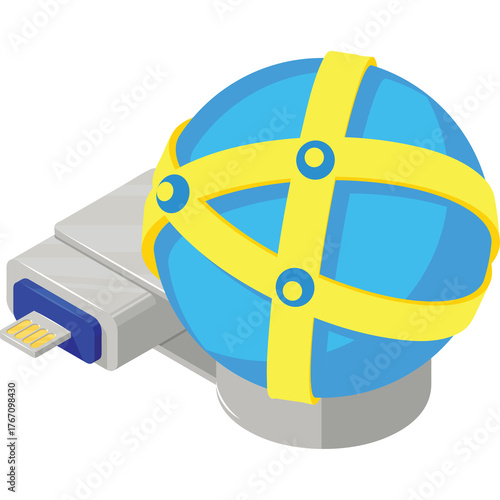 Abstract Digital Globe Network Connection On USB Drive Icon Represents Global Data Transfer And Connectivity Technology In Clean Isometric Style With Blue And Yellow Colors
