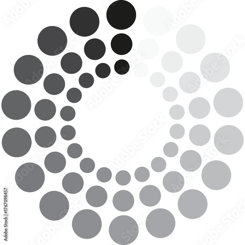 Abstract Circular Pattern of Grey and Black Dots Fading into White Against a Transparent Background Representing Data Flow or Progress