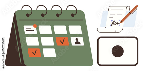 Calendar with marked dates, signed document with a pen, and a ballot box. Ideal for scheduling, organization, voting, planning, elections deadlines administration. Simple flat metaphor