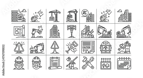 Collection of demolition construction icons set of thin line vector illustrations for website, mobile app, and graphic design