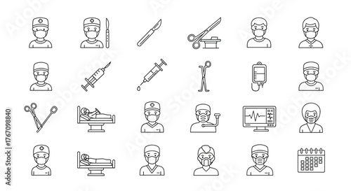 Illustration of surgery and medical procedures icons scalpel, syringe, doctor, patient, and other medical equipment