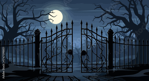 Eerie haunted gate opens to a spooky forest under moonlight, perfect for Halloween designs and gothic themes, creating a mysterious and chilling atmosphere