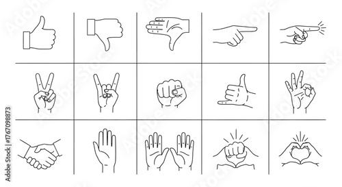 Illustration of hand gestures and sign language icons thumbs up, thumbs down, peace, rock, fist, and other hand signs