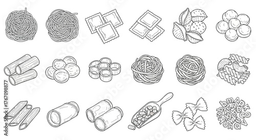 Pasta icon set collection of linear vector illustrations of different types of pasta in outline style for menu design