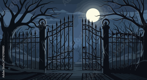 Eerie moonlit entrance to a haunted estate, perfect for Halloween designs, spooky themes, or gothic fantasy projects, a dark and mysterious scene