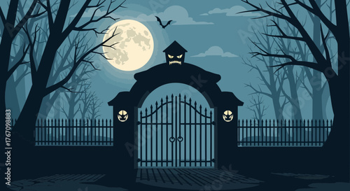 Spooky Halloween night scene with haunted gate, creepy trees, full moon and bat, perfect for holiday greetings or eerie backgrounds, originally designed as vector art