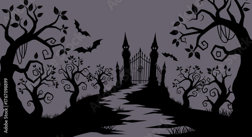 Spooky Halloween night with bats flying around a haunted gate and gnarled trees makes a perfect eerie scene for holiday designs and themed promotions