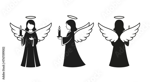 Three minimalist black silhouette angels, adorned with halos and graceful wings, hold lit candles, symbolizing peace and spiritual guidance.