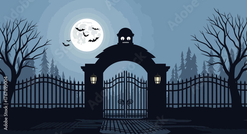 Spooky Halloween night with bats flying over haunted gate, perfect for eerie invitations, seasonal backgrounds, or gothic-themed projects