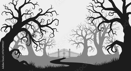 Spooky Halloween forest with gnarled trees and iron gate, perfect for eerie designs or haunted house themes with a chilling, mysterious mood