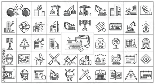 Set of construction line icons includes crane, building, excavator, worker, helmet, blueprint, tool, and other construction elements