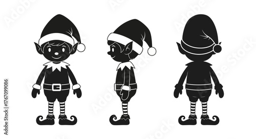 Three distinct black silhouette vector illustrations showcase a charming Christmas elf from front, side, and back perspectives, perfect for festive holiday designs.