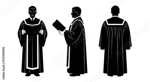 Elegant vector illustration depicting a person in a traditional black gown from multiple angles, perfect for themes of justice, academia, and formal ceremonies.