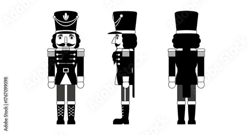 A crisp black and white vector illustration shows a traditional wooden nutcracker soldier from front, side, and back views, ideal for festive holiday graphics.