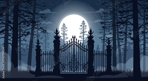 Enchanted forest gate under a full moon, mysterious dark woods, spooky night scene, fantasy landscape, fairytale backdrop, vector design, Halloween illustration