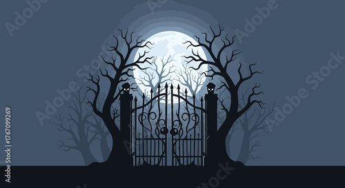 Eerie full moon night with spooky gate and trees, perfect for Halloween designs, haunted house themes, or mysterious fantasy projects, dark landscape artwork