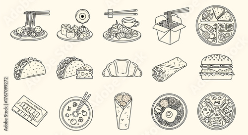 Line art illustration of various foods, including tacos, pizza, sushi, noodles, and a burger for menu design
