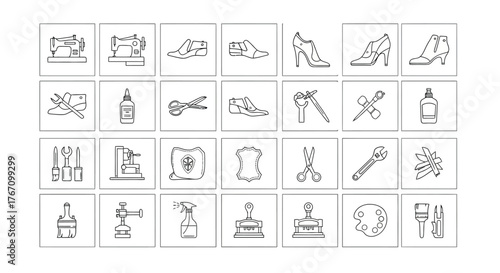 Line art illustration of shoemaking tools and shoes, including sewing machines, hammers, and various shoe styles