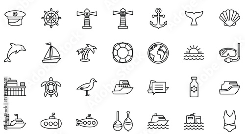 Collection of nautical icons, featuring a variety of searelated symbols in a simple and modern design