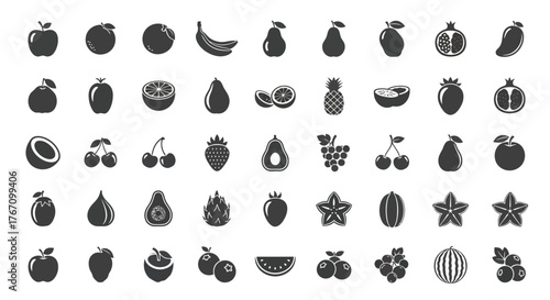 Collection of fruit icons, featuring a variety of fresh and healthy fruits in a simple and modern design