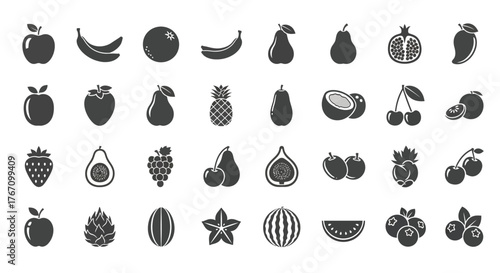 Collection of fruit icons, featuring a variety of fresh and healthy fruits in a simple and modern design