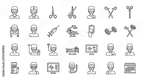 Surgical operation and medical outline icon set collection of surgery, doctor, nurse, equipment and instrument