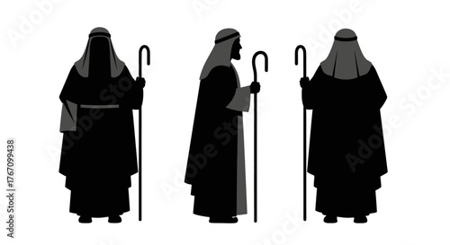 Three black silhouettes of a robed figure with a staff, shown from front, side, and back, symbolizing ancient desert journeys or spiritual narratives.