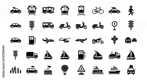 Transportation and vehicle black glyph icon set collection of car, bus, train, bike, airplane and ship symbol