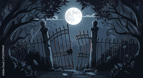 Spooky night scene with a full moon shining over an old, broken gate in a shadowy forest landscape, perfect for Halloween or gothic themes