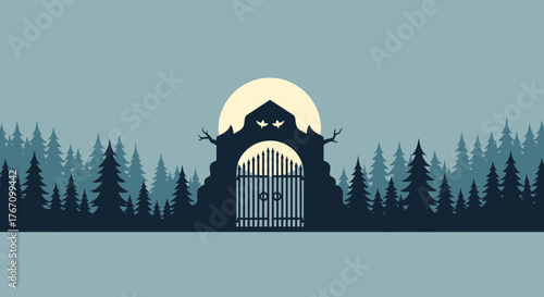 Enchanted forest gate with whimsical silhouette design, evoking mystery and folklore, perfect for fantasy designs or storybook illustrations