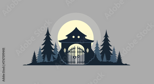 Enchanted forest gate with moonlit night and towering pines, invoking mystery and magic, perfect for fantasy designs and Halloween themes.