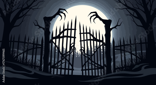 Eerie gate opens to a spooky forest under a full moon, perfect for Halloween designs or mysterious themes, evoking suspense and darkness in its silhouette