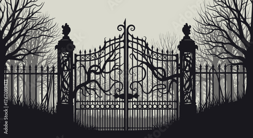 Mysterious wrought iron gate to a haunted estate with creepy trees, perfect for Halloween or spooky design elements, originally created as scalable vector art
