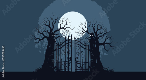 Enter the Spooky Realm: Haunted Gate with Moonlit Silhouette, Perfect for Halloween Creepy Designs, Eerie Illustrations, or Dark Fantasy Concepts