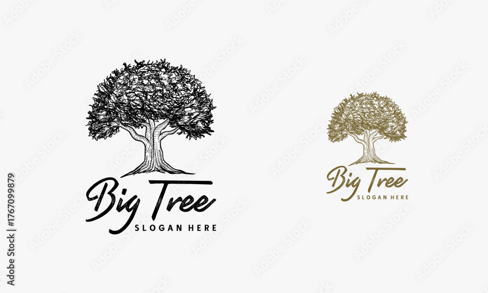Obraz premium hand drawn Old Big Tree Silhouette Logo Design Vector Image