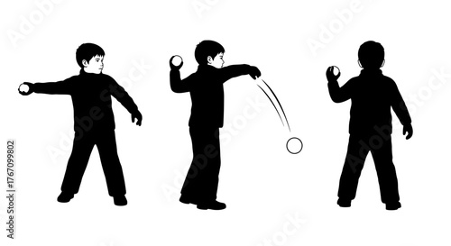 A dynamic vector illustration in black silhouette depicts a young boy's complete throwing motion, showcasing the sequential stages of a playful action.