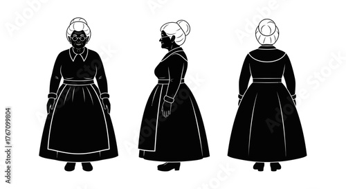 Elegant black and white illustration of an elderly woman in a traditional long dress, depicted from front, side, and back perspectives, ideal for character design.