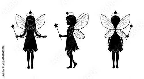 Three enchanting fairy silhouettes, featuring delicate wings, a magical star wand, and a gleaming star crown, presented in various poses for whimsical design projects.
