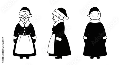 This delightful black and white vector illustration presents Mrs. Claus from front, side, and back views, perfect for festive Christmas holiday season designs.
