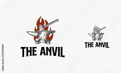 hand drawn vintage the anvil with fire logo, Blacksmith fire logo template design vector