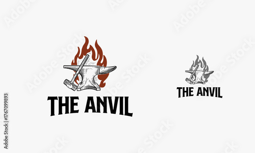 hand drawn vintage the anvil with fire logo, Blacksmith fire logo template design vector