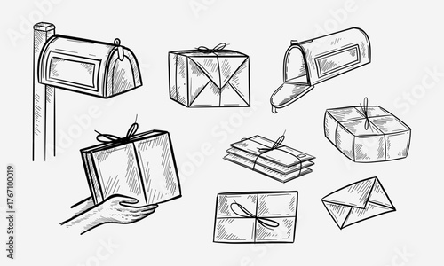 Vintage American mailbox, parcels, letters, postal service in sketch style. Mail delivery. Hand-drawn vector illustration.