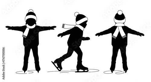 These stylized black silhouettes capture the joyful essence of a young child ice skating, complete with warm winter clothing and a festive atmosphere.